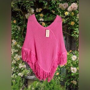 Fringed Open-Knit Pink Poncho Sweater